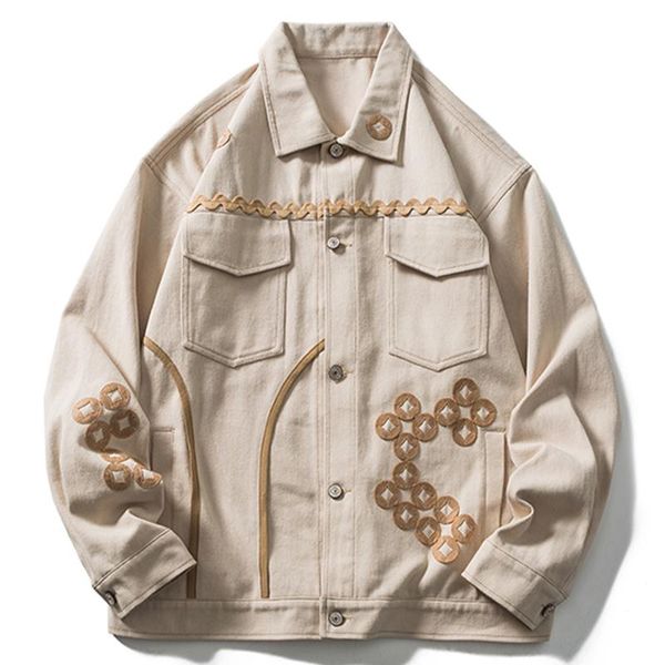 

men's jackets lacible streetwear men hip hop denim jacket graphic harajuku cotton autumn vintage cargo coat multi pockets, Black;brown