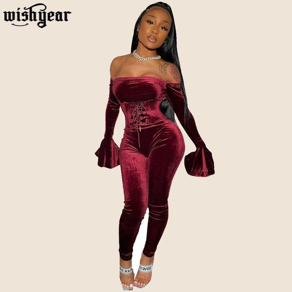 

women's jumpsuits & rompers off shoulder velvet jumpsuit slash neck flare sleeve bodycon banage bellyband clubwear overalls romper, Black;white