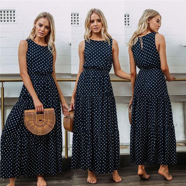

women dresses bobo casual dark blue boho loose sleeveless holiday dot print long maxi dress evening party beach summer sundress, Black;gray