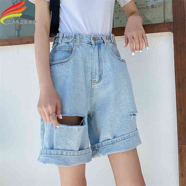 

street wear high waist wide leg denim shorts women with hole jean summer korean style bermuda 210623, White;black