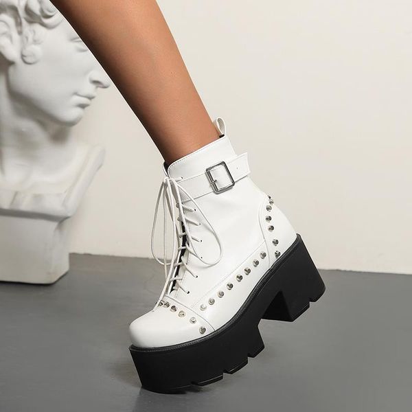 

boots winter for woman fashion consice shoes white elegant platform chunky heels cross tied buckle zipper short 35-44, Black