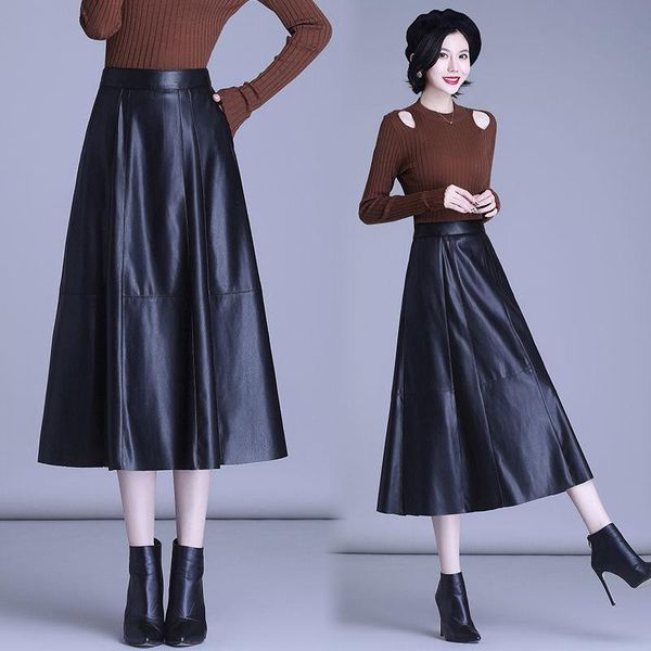 

skirts genuine leather skirt women's fall winter high waist pleated mid-long womens black harajuku plus size s-5xl
