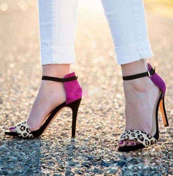 

women fashion party summer dress shoes trend open toe mixed colors high heel sandal leopard patchwork ankle strap sandals, Black