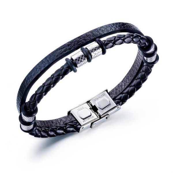 

charm bracelets fashion simple stainless steel buckle double leather braided bracelet casual jewelry, Golden;silver