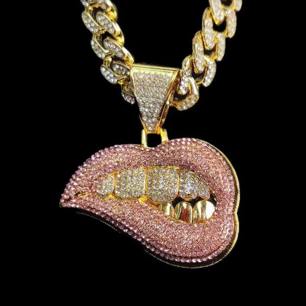 

pendant necklaces rhinestone iced out miami cuban link chain biting lips necklace for men's chains hip hop jewelry on the neck, Silver