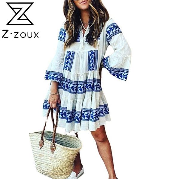 

women dress printed bohemian es print ruffles short v neck flare sleeve loose casual beach es 210513, Black;gray
