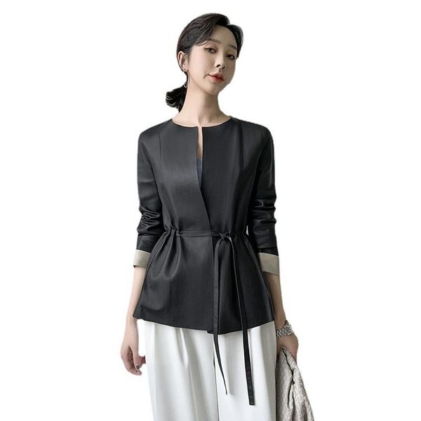

women's leather & faux real sheepskin suede coat autumn women short moto cardigan jacket suit lf21007bm, Black