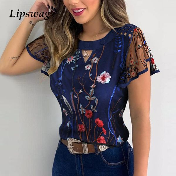 

women's blouses & shirts summer hollow out lace casual blouse women elegant butterfly daisy print ruffle short sleeves o neck pullover, White