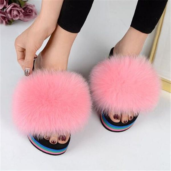 

slippers women's summer fur rainbow wedge sandals slides ladies cute fluffy furry flip flops home shoes, Black