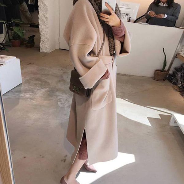 

women's wool & blends simple woolen coat mid-length 2021 autumn and winter korean basic sweater to keep warm qm*, Black