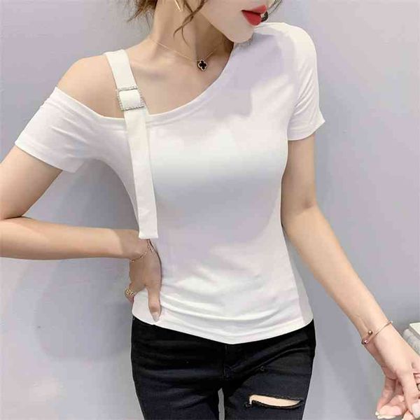 

korean style the fashion diamond jewelry t shirt skew collar women short sleeve slim tshirt woman t shirts large size 210507, White