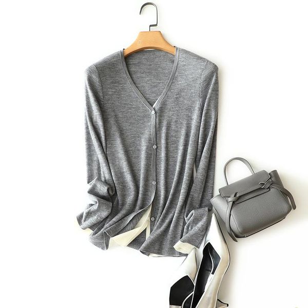 

women's knits & tees 16 gauge worsted 100% wool v neck cardigan women casual false two pieces long sleeve buttons autumn outerwear soft, White