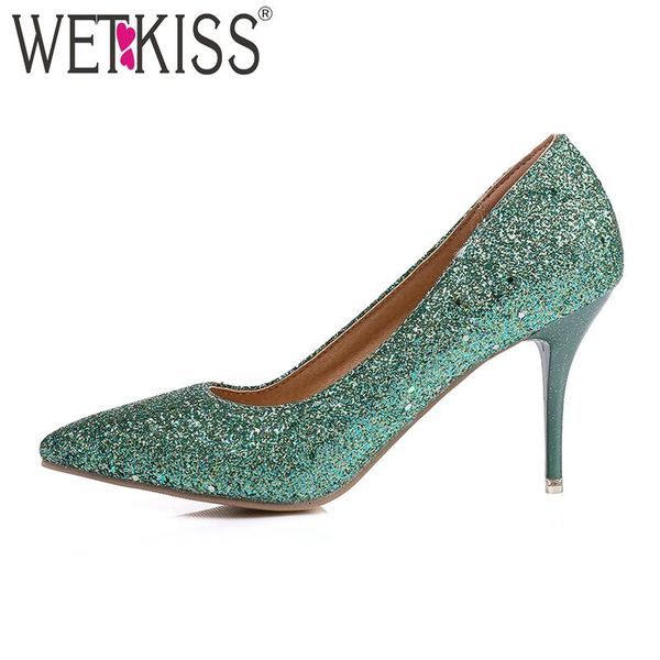 

dress shoes wetkiss big size 47 autumn thin high heels women pumps 2021 bling fashion wedding ladies shallow pointed toe footwear, Black