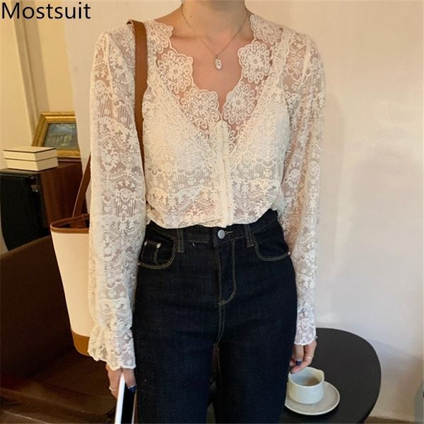 

korean lace vintage women blouses v-neck solid hollow out puff long sleeves french style female shirts blusas 210518, White