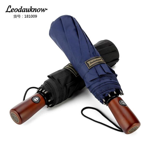 

umbrellas leodauknow fully automatic metal wood handle double fabric windbreak three folding elite business men's 10k blue, black umbre