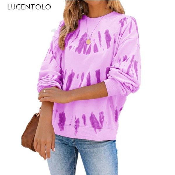 

women's t-shirt lugentolo women loose tie-dye printed tshirt long-sleeved tee spring female casual all-match t-shirts, White
