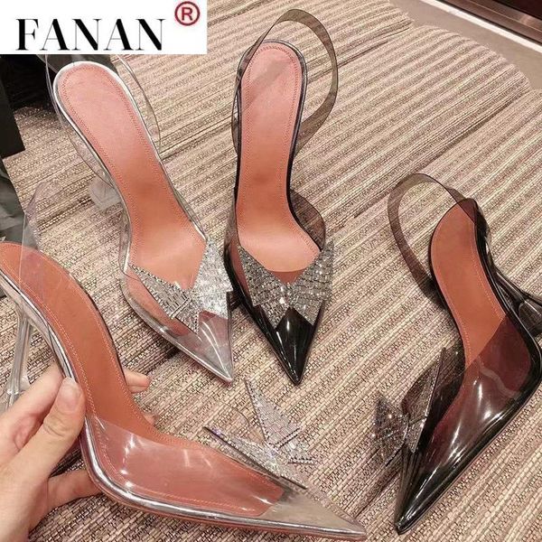 

dress shoes 2021 pointed transparent sandals women's bun water drill bow wine glass heels, Black