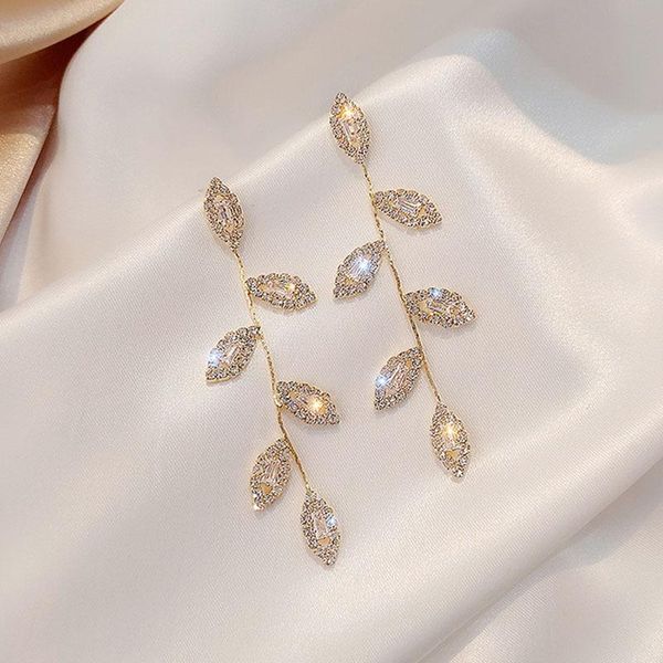 

dangle & chandelier marquise cut flower zirconia crystal long drop earrings for women shiny cz stone leaf fashion ladies korean jewelry, Silver