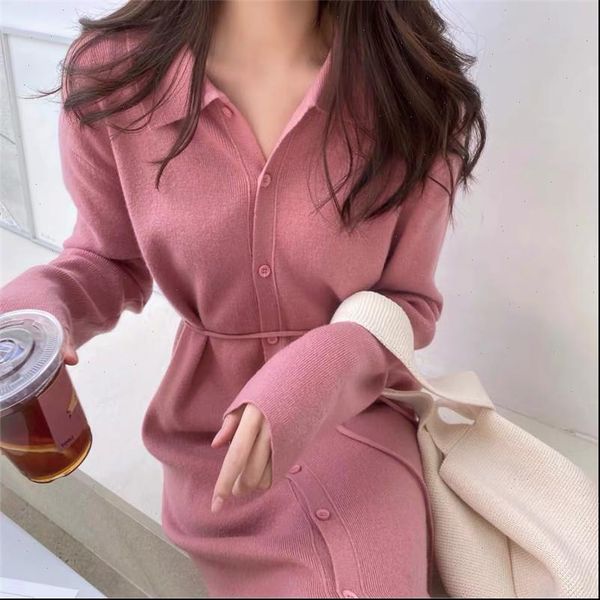 

sweater dress women dresses single breasted turn down collar long sleeve cardigan slim vintage korean party oversized w048, Black;gray