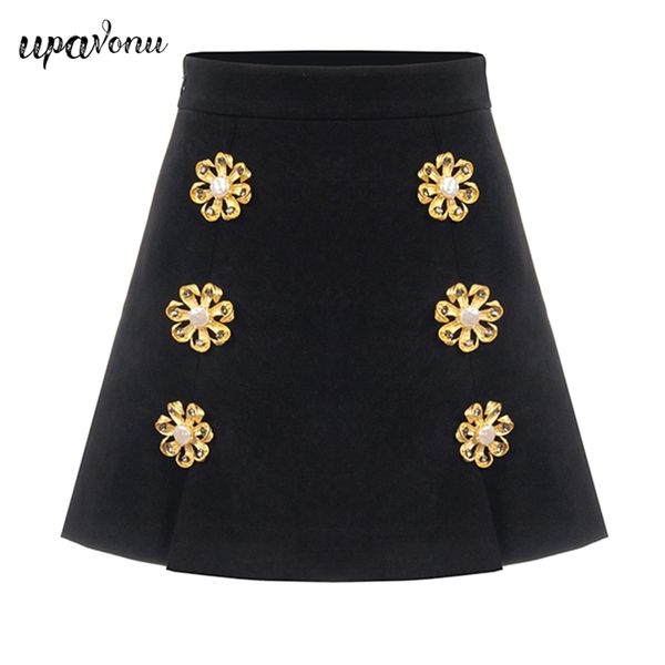 Free Women's Chic Flower Button Gonna a vita alta Summer Black Sexy A-line Fashion Mini 210524