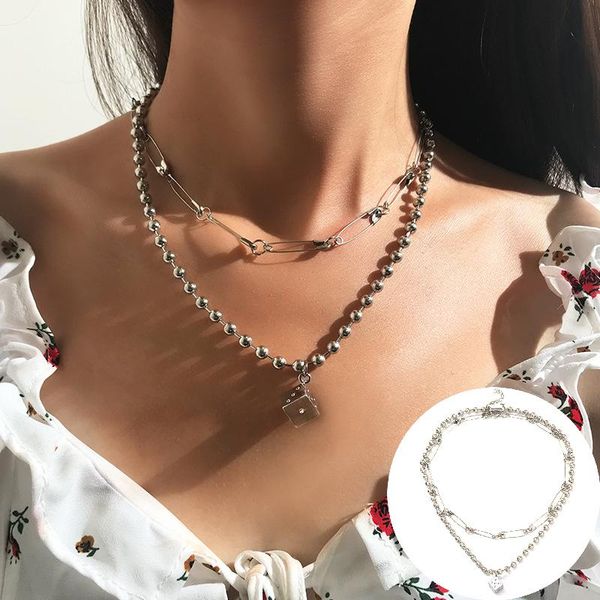 

fashion punk women necklace silver color bead metal collares simple cube pendant pin chain choker girl jewelry accessories gifts chains