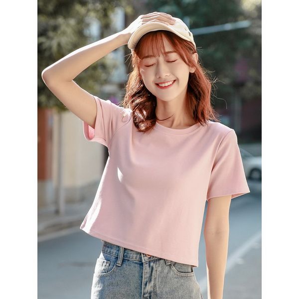 

qrwr t shirts women 2021 korean fashion short casual solid color womens cute loose short sleeve summer t shirt for girls, Black;pink