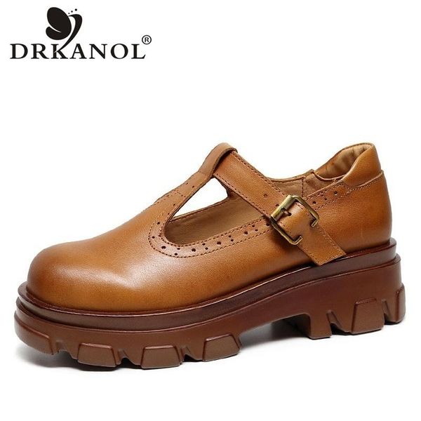 

dress shoes drkanol fashion spring women pumps retro genuine leather platform handmade thick bottom wedges heel casual, Black