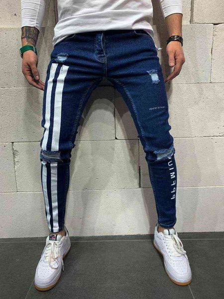 Impressão masculina rasgada jeans magro com pés pequenos g0104