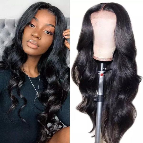 

lace wigs 28 inches body wave 4x4 closure malaysian human hair with baby for black women, Black;brown