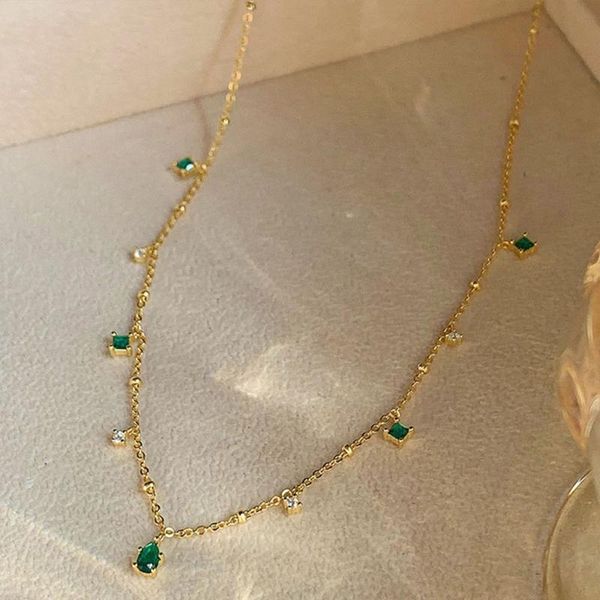 

chains tiny charm gold color thich chain choker necklace for women girls exquisite green zircon clavicle gifts fashion jewelry, Silver
