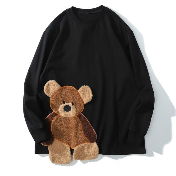 

embroidery bear pullover sweatshirts men patchwork hoodies couple hip hop casual pullover sweat shirts male, Black