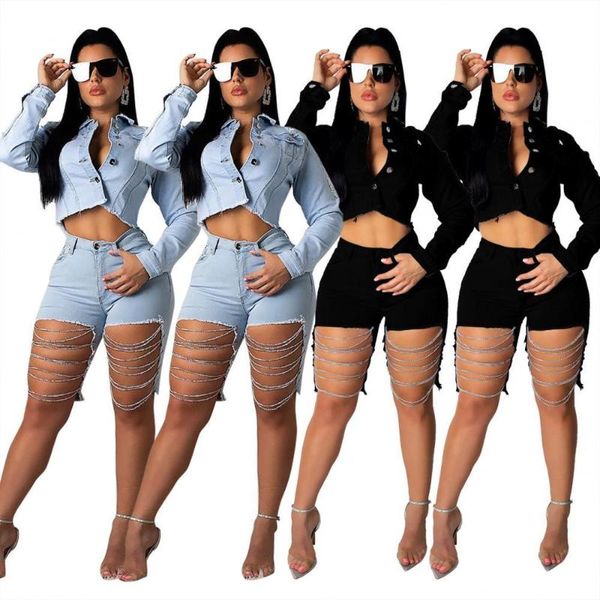 

women's shorts 2021 summer casual nightclub ripped chain washed solid color street style jeans straight, White;black