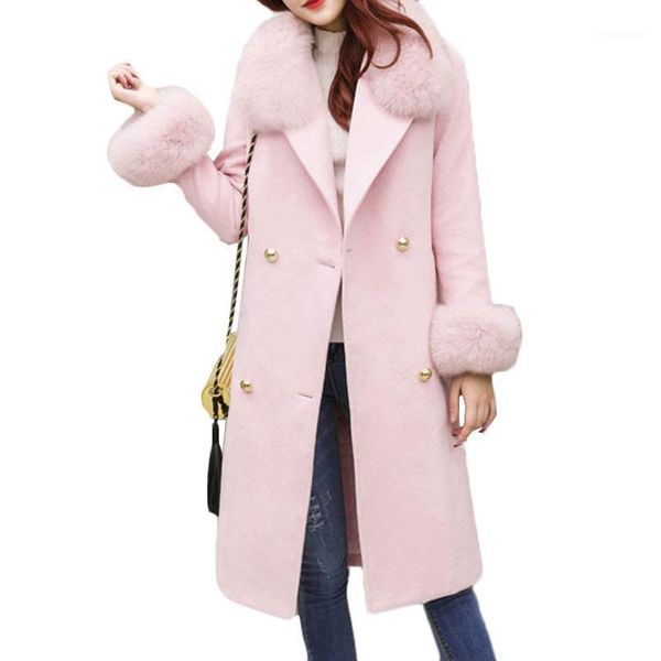 

women's wool & blends 2021 fashion elegant overcoat women long-sleeve belt long section warm coat fur collar coats e022, Black