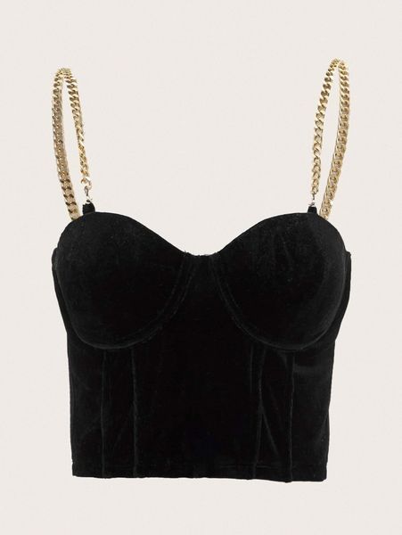 

plus chain strap velvet cami m6yp#, Black