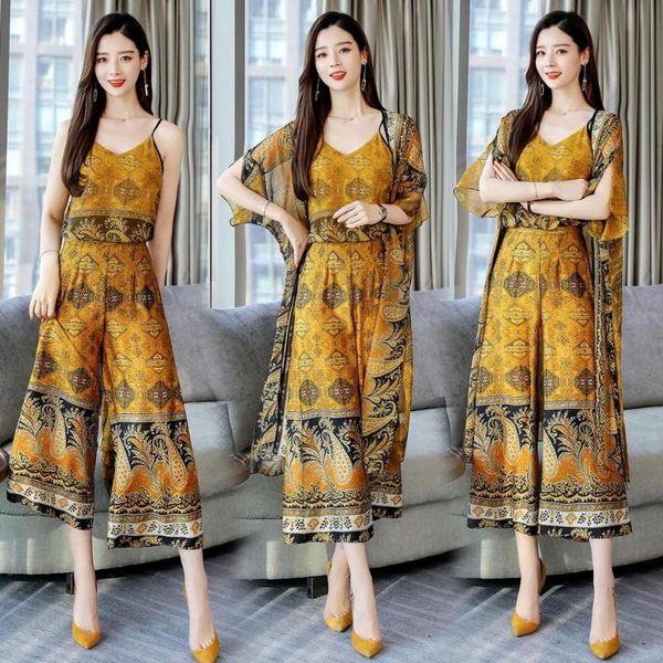 

two piece dress women three pieces sets 2021 summer floral long shirt blouse coat cardigan+vest wide leg pants trousers lady 3, White