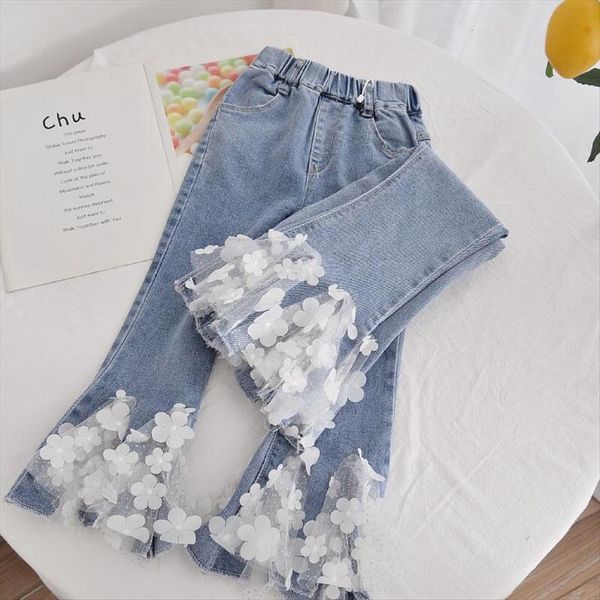 

spring fall children girl jeans elegnat floral denim kids bell bottomed pants little casual clothes baby costume, Blue