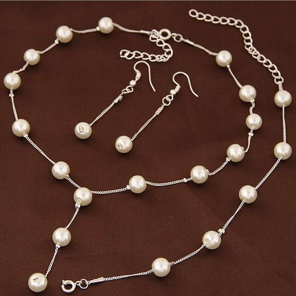 

earrings & necklace brand 2 color jewellery sweet elegant women imitation pearl jewelry sets simple choker bracelet bridal, Silver