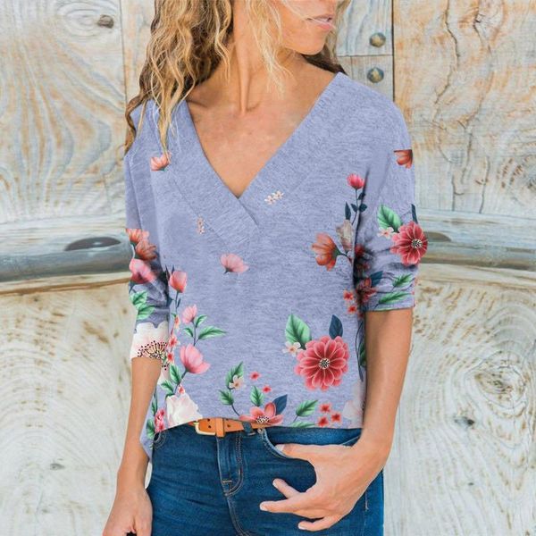 

women's t-shirt woman tshirts women 2021 butterfly flower shirt printed v-neck long sleeve loose camisetas mujer, White
