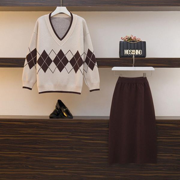 

two piece dress korean edition 2021 autumn winter pattern women's v collar geometric knitting half body skirt 2 set, White