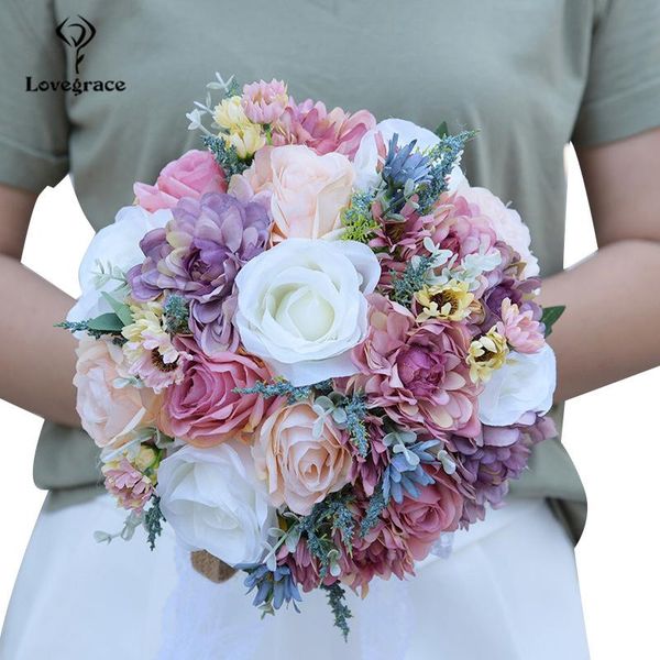 

wedding flowers lovegrace bride bouquet rose flower pink blue bohemian romantic artificial silk dahlia bouquets