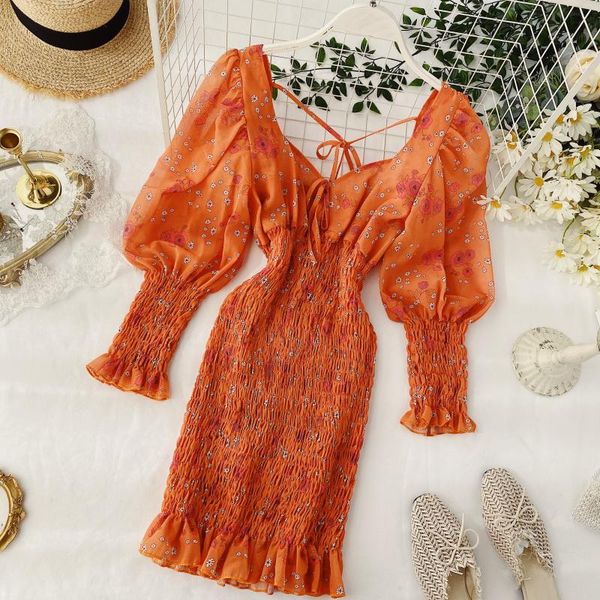 

casual dresses vintage flower puff long sleeve women dress korean slim elastics v neck high waist elegant chic backless vestidos, Black;gray