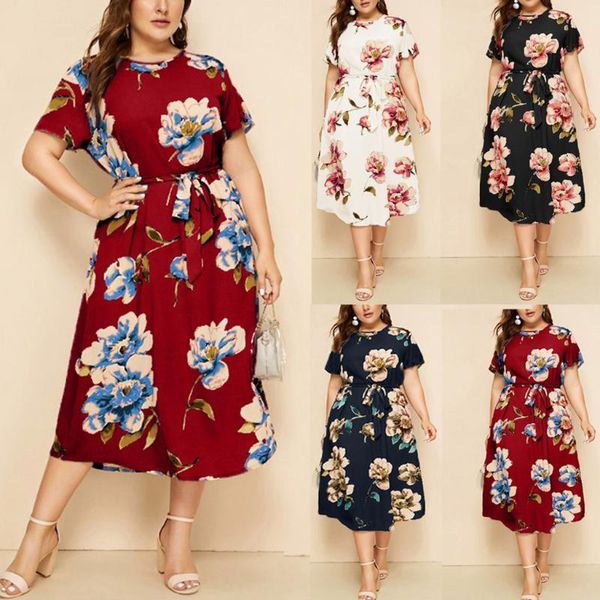 

casual dresses women plus size female o-neck bandage short sleeve print dress ladies summer midi floral vestidos, Black;gray