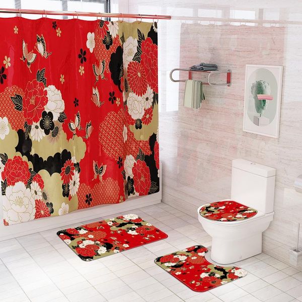 

butterfly flowers red shower curtain set festive decoration non slip toilet cover floor mat bath rug sets bathroom curtains