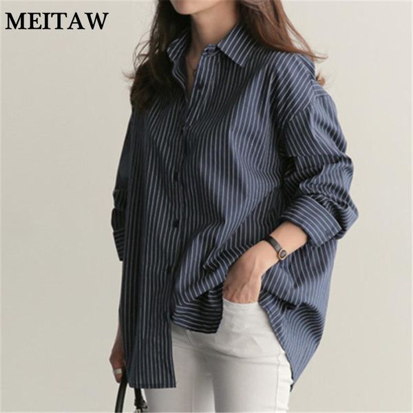 

women's blouses & shirts spring stripe shirt blouse women oversized long sleeve cotton 2021 casual loose korean v-neck lady office, White
