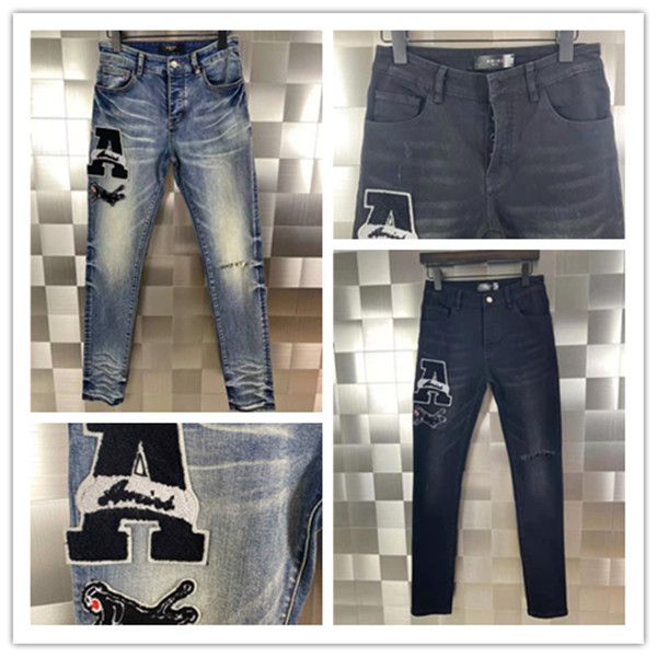 

luxurys designer mens jeans zipper designer slim-leg jeans patch vintage style hole fashion mens jeans biker causal mens hip hop pants 29-40, Blue