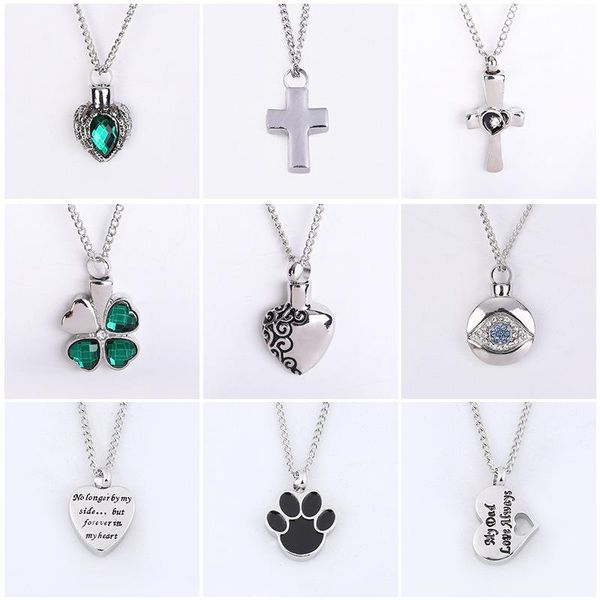 

pendant necklaces classic crystal ashes urn necklace pet bone commemorative heart cross clover shaped women men jewelry, Silver