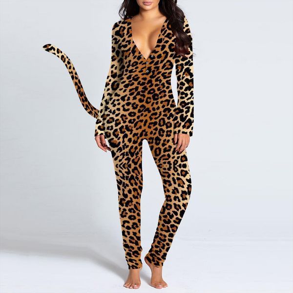

tiger printed womens rompers long sleeve piece pajama bum open homewear button flap bodysuit adults one lounge, Black;white