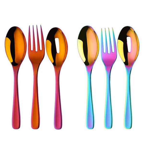 

colorful 18/8 stainless steel rainbow flatware big size long handle serving salad spoon/fork/colander set kitchen utensils sets