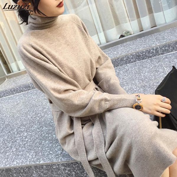 

luzuzi sweater long dress with sashes women knitted turtleneck autumn winter warm female loose midi vestidos dresses casual, Black;gray