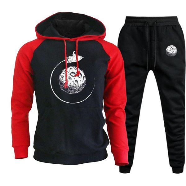

men's tracksuits astronaut moon print raglan men autumn winter hoodies fleece fashion streetwear casual cool streetwear+trousers 2 piec, Gray
